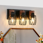 Industrial Black Cage Wall Sconce with Wood Accents | 3/4/5/6/7-Light Vintage Fixture for Bathroom, Hallway & Living Room