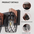 Industrial Black Cage Wall Sconce with Wood Accents | 3/4/5/6/7-Light Vintage Fixture for Bathroom, Hallway & Living Room