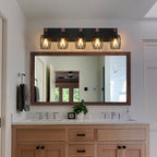 Industrial Black Cage Wall Sconce with Wood Accents | 3/4/5/6/7-Light Vintage Fixture for Bathroom, Hallway & Living Room