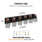 Industrial Black Cage Wall Sconce with Wood Accents | 3/4/5/6/7-Light Vintage Fixture for Bathroom, Hallway & Living Room