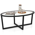 Glass Coffee Table Oval Living Room Table with Cross Base and Acacia Wood Legs-Black