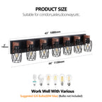 Industrial Black Cage Wall Sconce with Wood Accents | 3/4/5/6/7-Light Vintage Fixture for Bathroom, Hallway & Living Room