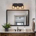 Industrial Black Cage Wall Sconce with Wood Accents | 3/4/5/6/7-Light Vintage Fixture for Bathroom, Hallway & Living Room