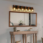 Industrial Black Cage Wall Sconce with Wood Accents | 3/4/5/6/7-Light Vintage Fixture for Bathroom, Hallway & Living Room