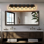 Industrial Black Cage Wall Sconce with Wood Accents | 3/4/5/6/7-Light Vintage Fixture for Bathroom, Hallway & Living Room